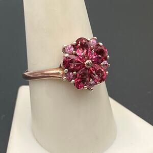Vermeil Rose Gold Sterling Silver Pink Topaz Red Ruby Cluster Flower Ring Sz 9.5